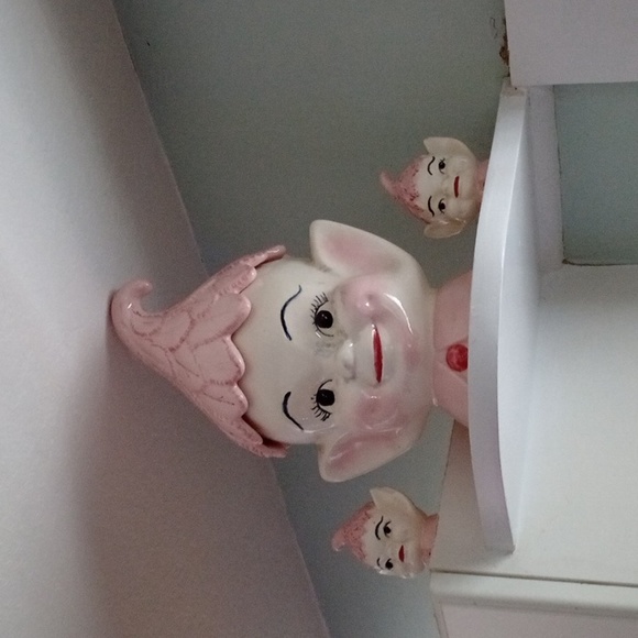 Vintage Elf Head Cookie Jar And Salt Pepper Shakers